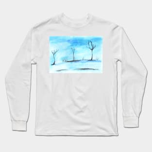 Watercolor landscape blue, nature. Art decoration, sketch. Illustration hand drawn modern Long Sleeve T-Shirt